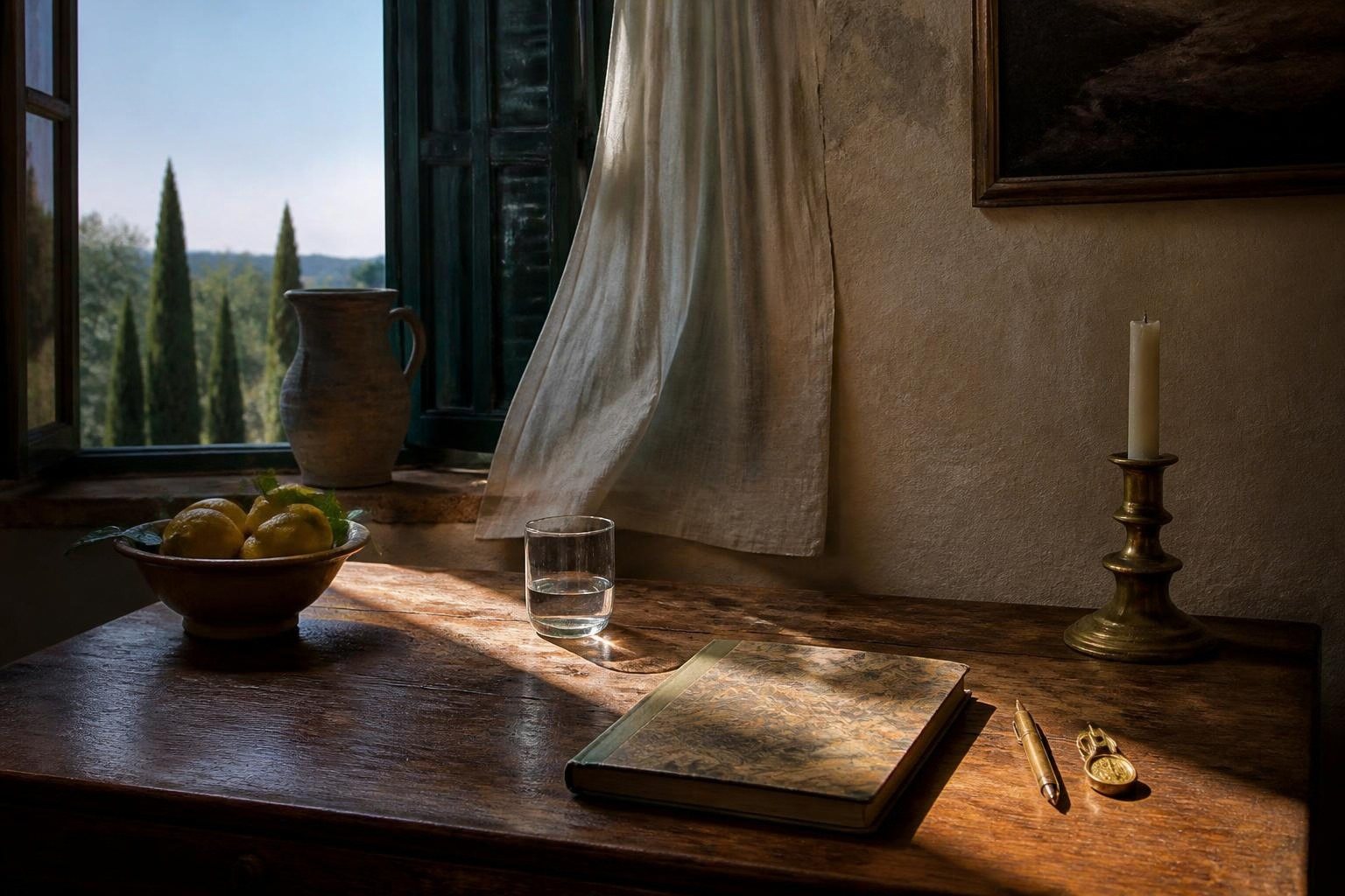 A ledger bound in marbled paper on a wooden desk by an open window, with a brass pen, a glass of water and a bowl of lemons