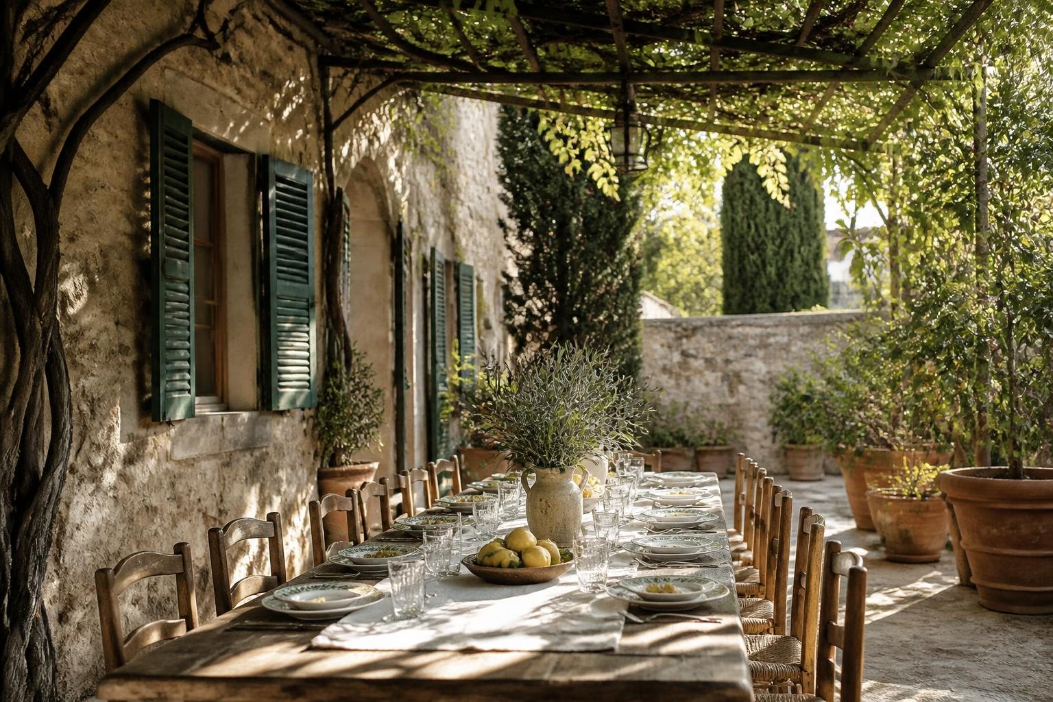 A long table set for lunch under a vine-covered pergola beside a stone house with green shutters